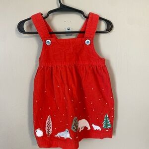 Baby Boden Red Corduroy Overall Dress with Winter Animal Embroidery
